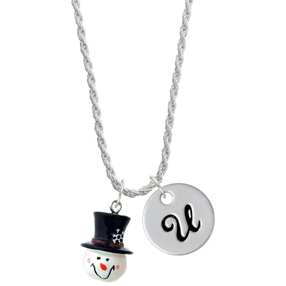 Delight Jewelry Resin Snowman Head with Top Hat Silvertone Script Initial Disc - U - Charm Necklace, 20"+3"
