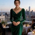 thumbnail image 3 of Quixlent Women's Long Sleeve Velvet Evening Party Dress Cowl Neck Ruched Slit Bodycon Dress Midi Wedding Guest Dress, 3 of 8