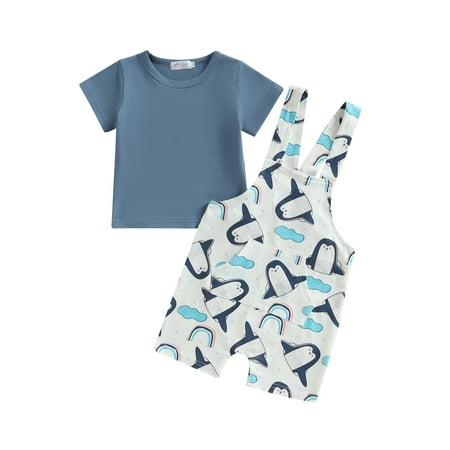 

Qtinghua Infant Baby Girls Boys Sumemr Clothes Short Sleeve T-Shirt Elephant/Penguin/Star/Dinosaur Print Suspender Shorts Set