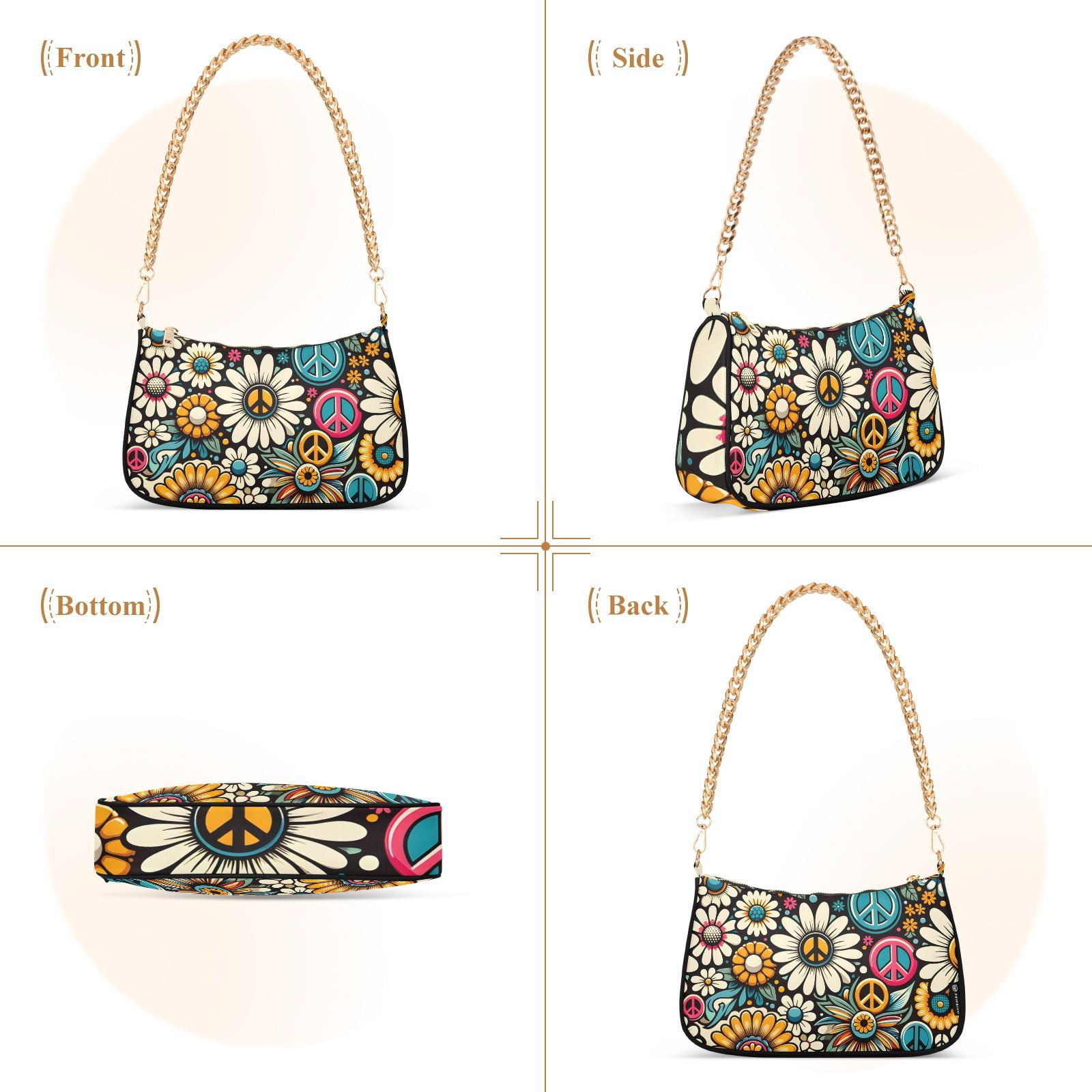 Daisy Flower Peace SymbolWomen Small Shoulder Bag Crossbody Tote Hobo Bags Purse Clutch Handbags with Chain Strap for Women
