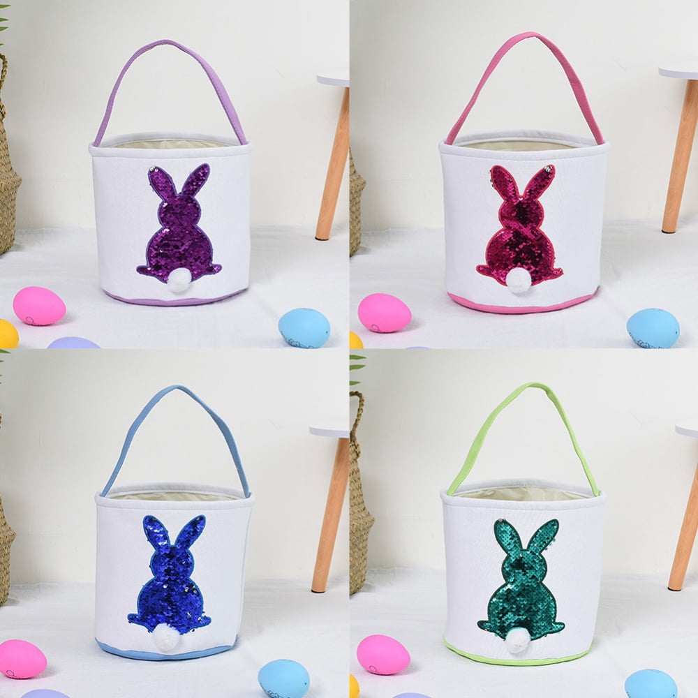 Easter Bunny Basket Bags for Kids, Sequin Rabbit Pattern Egg Basket Hunt Bags Canvas Cotton Bucket with Fluffy Tail for Easter Eggs, Candy, Gift
