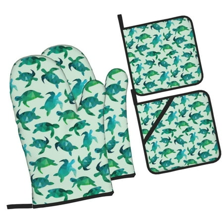 

Fotbe Green Sea Turtle for 4Pcs Oven Mitts and Pot Holders 500℉ Heat Resistant Oven Mitts Non-Slip Silicone Surface Safe for Baking Cooking BBQ