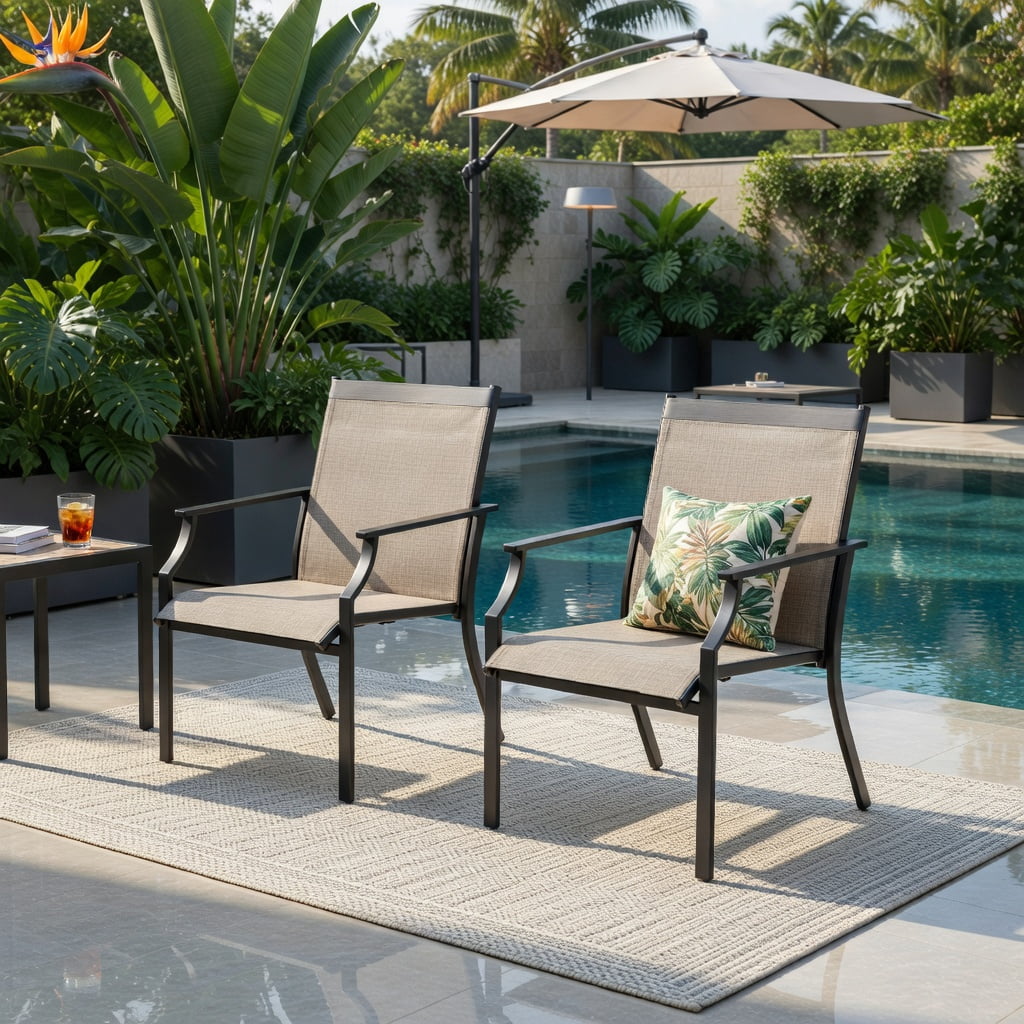 Hommoo 2-Pack Large Outdoor Dining Chairs, Breathable Mesh Seat, Rustproof Metal Frame, Patio Chairs for Deck, Backyard, Balcony, Coffee