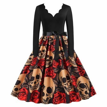 

Women Long Sleeve Dress V-Neck Halloween Skull and Floral Printed Bow Waisted Slim Flowy Swing Midi Dress Gothic Vintage Renaissance Knee Party Cocktail Dress