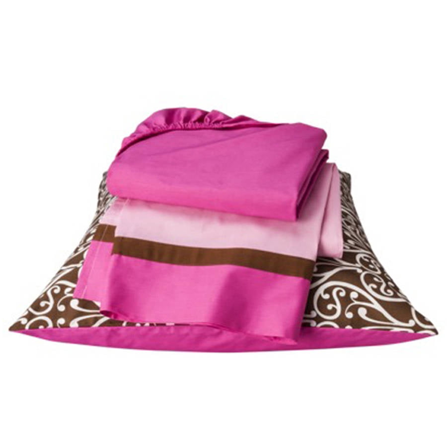 Bacati - Damask 3-Piece 100% Cotton Percale Toddler Sheet Set, Pink/Chocolate