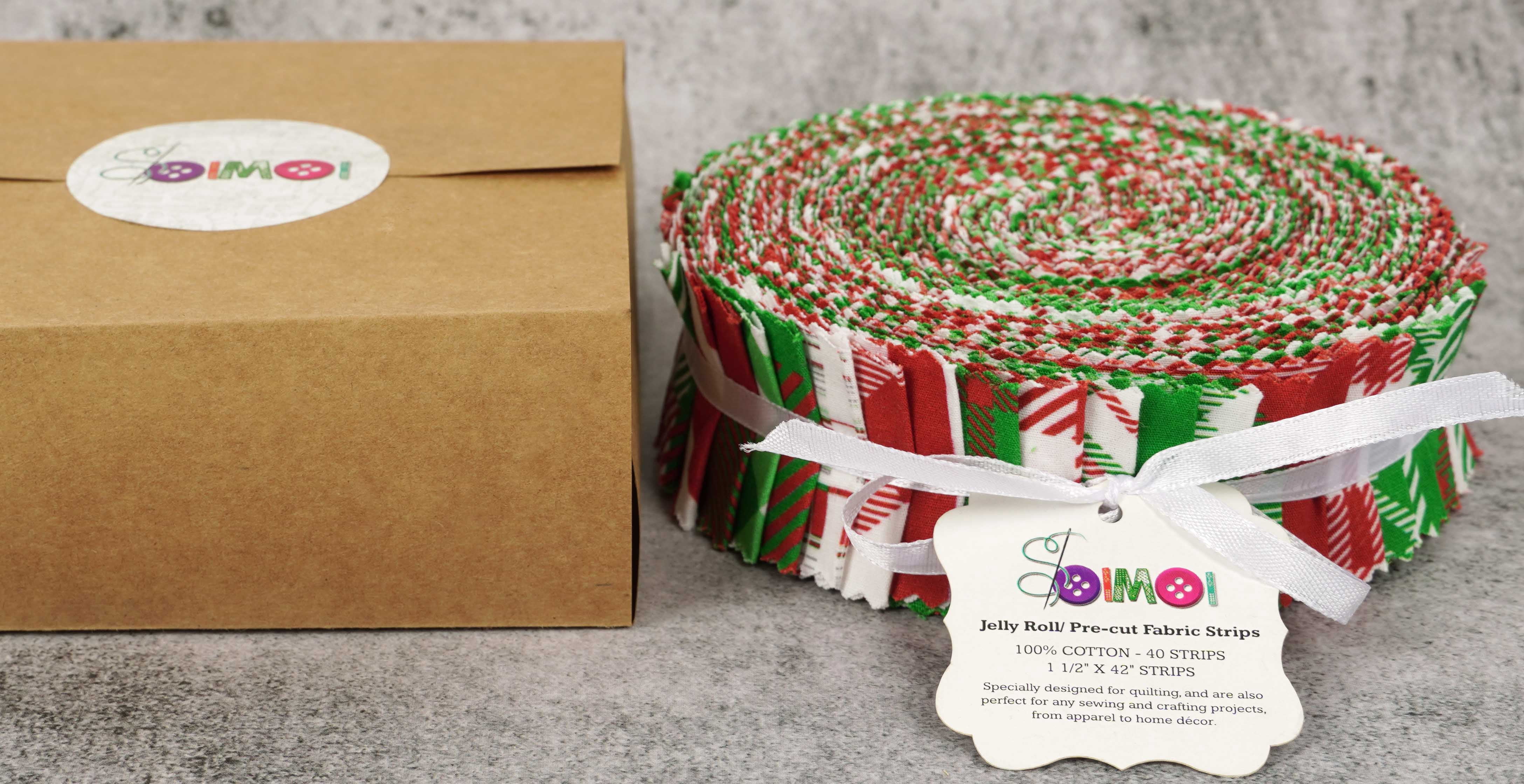Soimoi 40Pcs Christmas Checks Print Precut Fabrics Strips Roll Up 1.5x42inches Cotton Jelly Rolls For Quilting - Red & Green