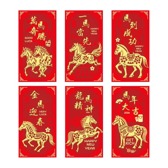 6Pcs Chinese New Year Red Envelopes For Year Of The Horse 2026 - Gold Foil Horse Designs With Lucky Messages, Red Traditional Hongbao For Spring Festival, Lunar New Year Gifting,