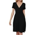 thumbnail image 2 of Pompotops Robe de Mode pour Femmes Unie Décontractée Col en V Longueur Genou Manches Courtes Longue Robe, 2 of 7