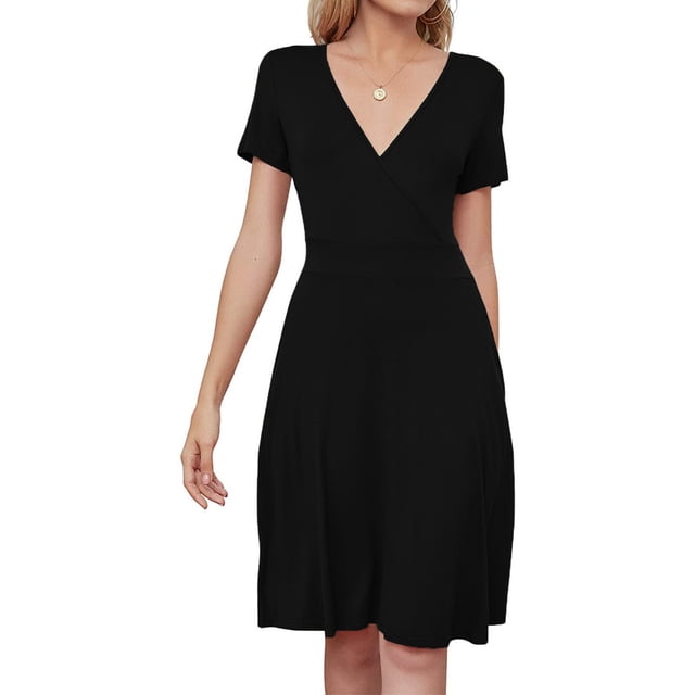 FcBaudy Robe à Manches Courtes Col en V Hauteur Genou, Robes d'Été pour Femmes, Robes de Mode pour Femmes Robe Longue Décontractée Col en V Longueur Genou