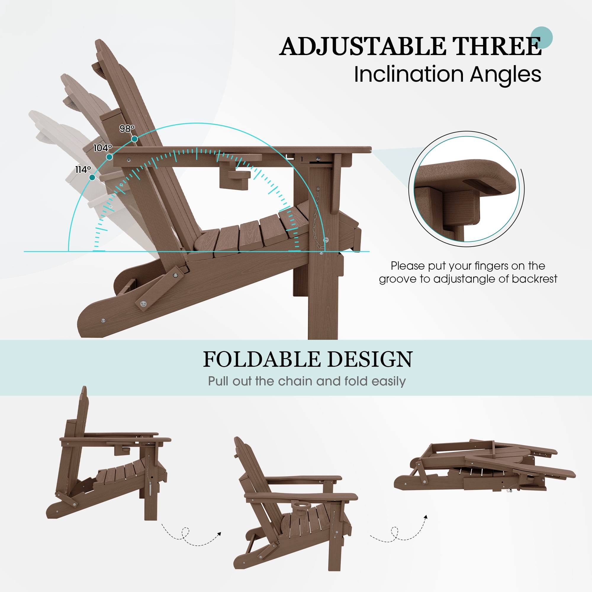 KINGYES Folding Adjustable Adirondack Chairs Set of 4, All Weather Use Reclining Adirondack Chair, HDPE Adirondack Outdoor Chair - Brown