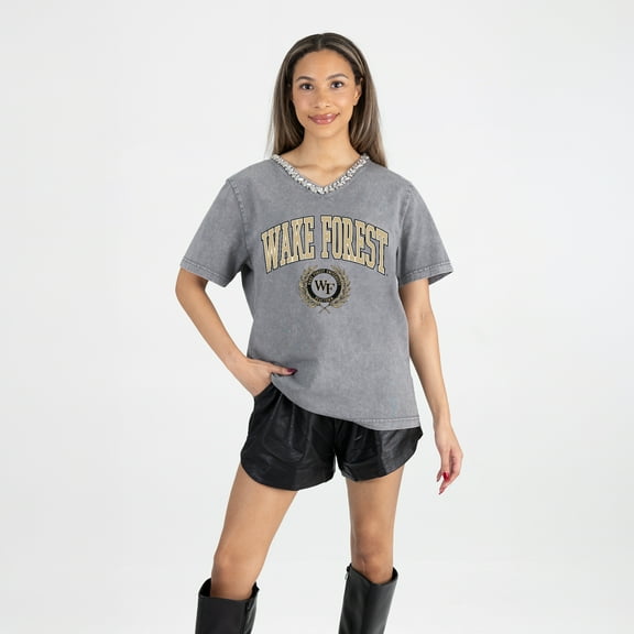 Women's Gameday Couture Gray Wake Forest Demon Deacons Iconic Edge Rhinestone V-Neck T-Shirt
