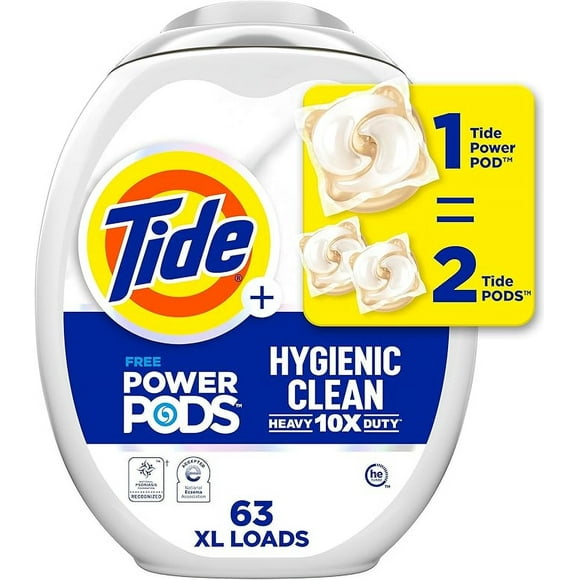 Tide Hygienic Clean Heavy Duty 10x Free Power PODS Laundry Detergent Liquid Soap Pods, 63 count, Unscented, For Visible and Invisible Dirt