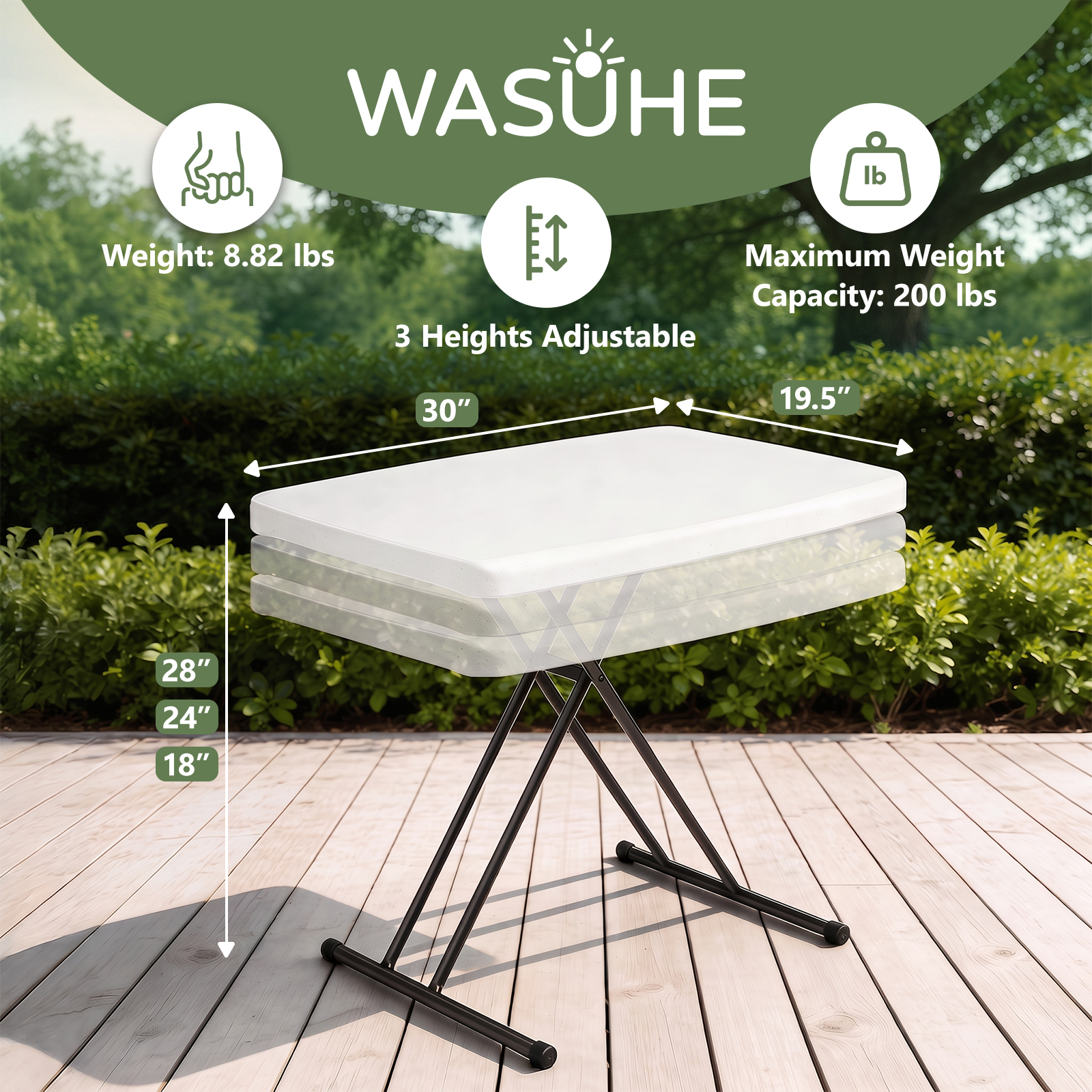 Wasuhe 30" Folding Table with Height Adjustment, White photo 3