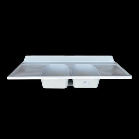 NBI Drainboard Sinks 60" x 25" White Reinforced Cast Acrylic Double Bowl, Double Drainboard Sink