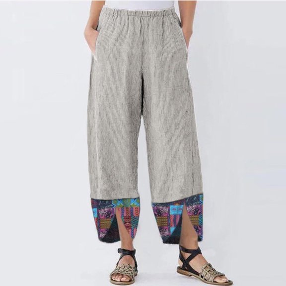 Aufmer Clearance Stretch Pants for Women Plus Size with Pockets Fashion Misses Summer Casual Loose Cotton and Linen Pocket Printing Jeans Pants