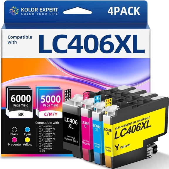 LC406 Ink Cartridge Compatible for Brother LC406 Ink for MFC-J4335DW MFC-J4345DW MFC-J6955DW MFC-J5855DW Printer (1 Black, 1 Cyan, 1 Magenta, 1 Yellow)