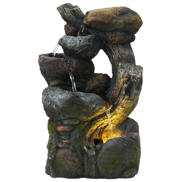 Angelo Décor Stone Branch Fountain featuring cascading water over naturalistic stone tiers with energy-efficient pump and warm LED accent lighting.