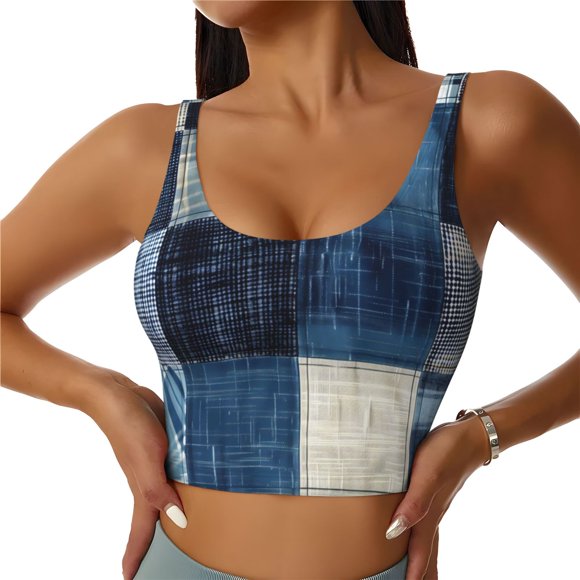 Balery Indigo Patchwork Quilt Sujetadores deportivos con espalda cruzada para mujer, acolchados, sin costuras, de alto impacto, ideales para yoga, gimnasio, entrenamiento y fitness.-Small