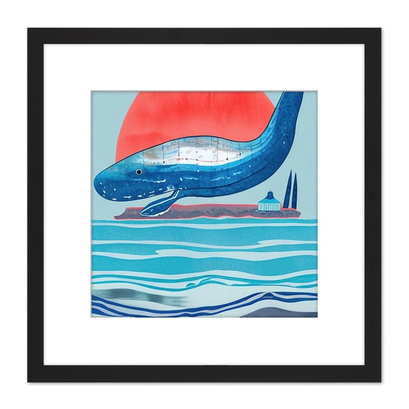 Breaching Blue Whale At Sunset Ocean Sea Splash Island Watercolour Painting Square Wooden Framed Wall Art Print Picture 8X8 Inch
