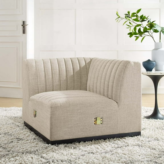 Modway Conjure Channel Tufted Upholstered Fabric Left Corner Chair in Black Beige