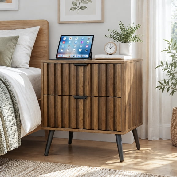 Semiocthome Mid Century Nightstand with 2 Drawers,Bedside Table for Bedroom,Walnut,Adult