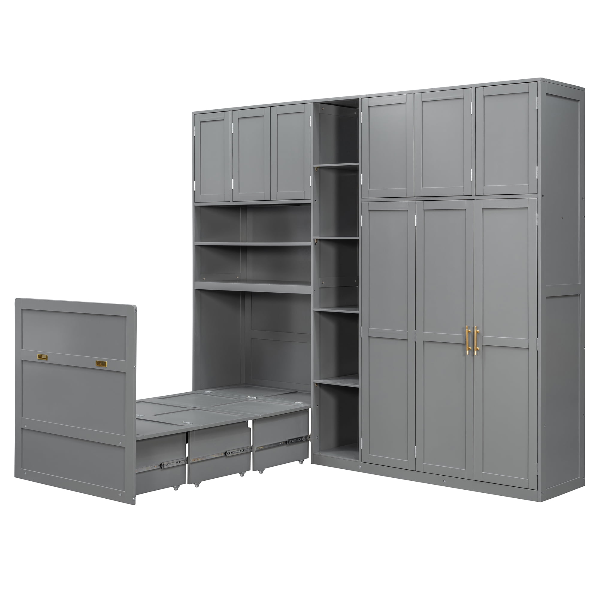 Mintazer Twin Murphy Bed with Wardrobe & LED Shelves, Modern Folding Cabinet Bed with Storage for Bedroom Apartment Guest Room, Gray