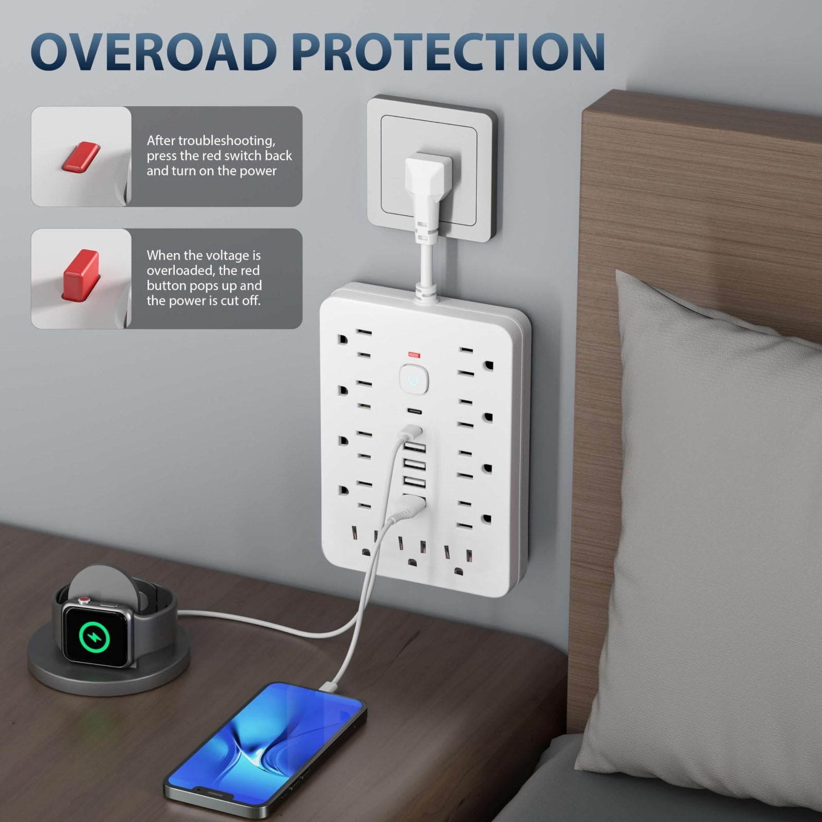 Surge Protector Power Strip, Chiefway Extension Cord with 11 AC Outlets, 6 USB Ports (2 USBC) & One-Touch Switch, Suitable for Office Home Travel Dorm(Black)