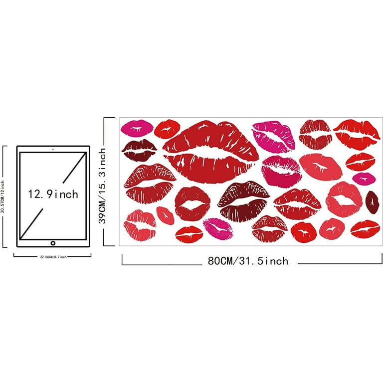 Valentine's Day Trendy Red Lips Removable Wall Stickers Set of 25 Kisses Self-Adhesive Wall Art Decals for Home Living Room Bedroom Girly Women's