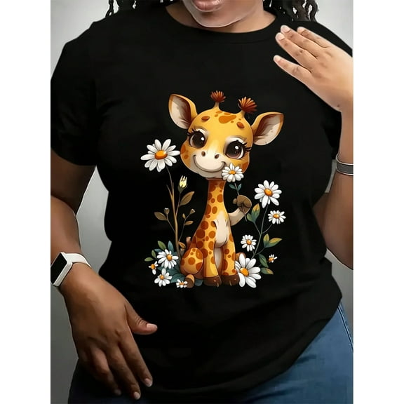 Women's Plus Size Cute Giraffe Graphic T-Shirt - Short Sleeve, Crew Neck Casual Top With Daisy Floral Print, Stretchy & Machine Washable, Black