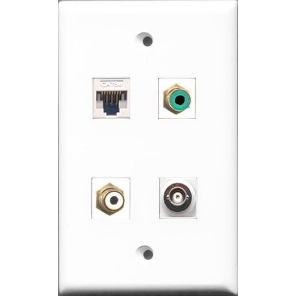 RiteAV 1 Port RCA White and 1 Port RCA Green and 1 Port BNC and 1 Port Cat5e Ethernet White Wall Plate