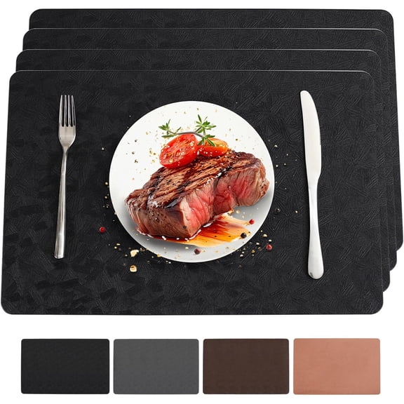 Black Faux Leather Placemats Set of 4, 11.8 x 17.8 Inch PU Vinyl Table Mats for Kitchen Dining Table, Party and Daily Decor