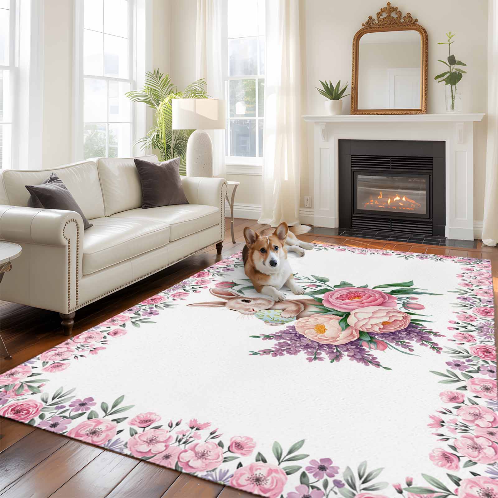 Easter Bunny Roses Area Rugs 8'x10', Washable Small Throw Rugs for Living Room Patio, Pink Floral Spring Botanical Indoor Outdoor Rug Non-Slip Low Pile Carpet Runner Reversible Floor Mats