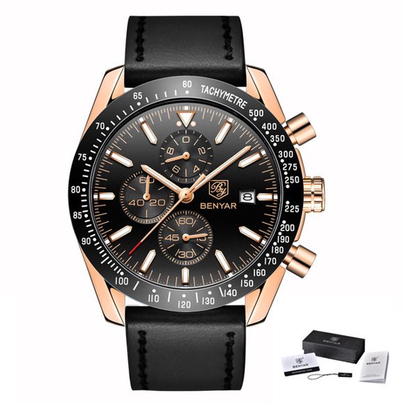 BENYAR Men's Quartz Watch Six-pin Small Dial Function Sports Fashion Trend Men's Watch BY-5140 Gold shell black belt