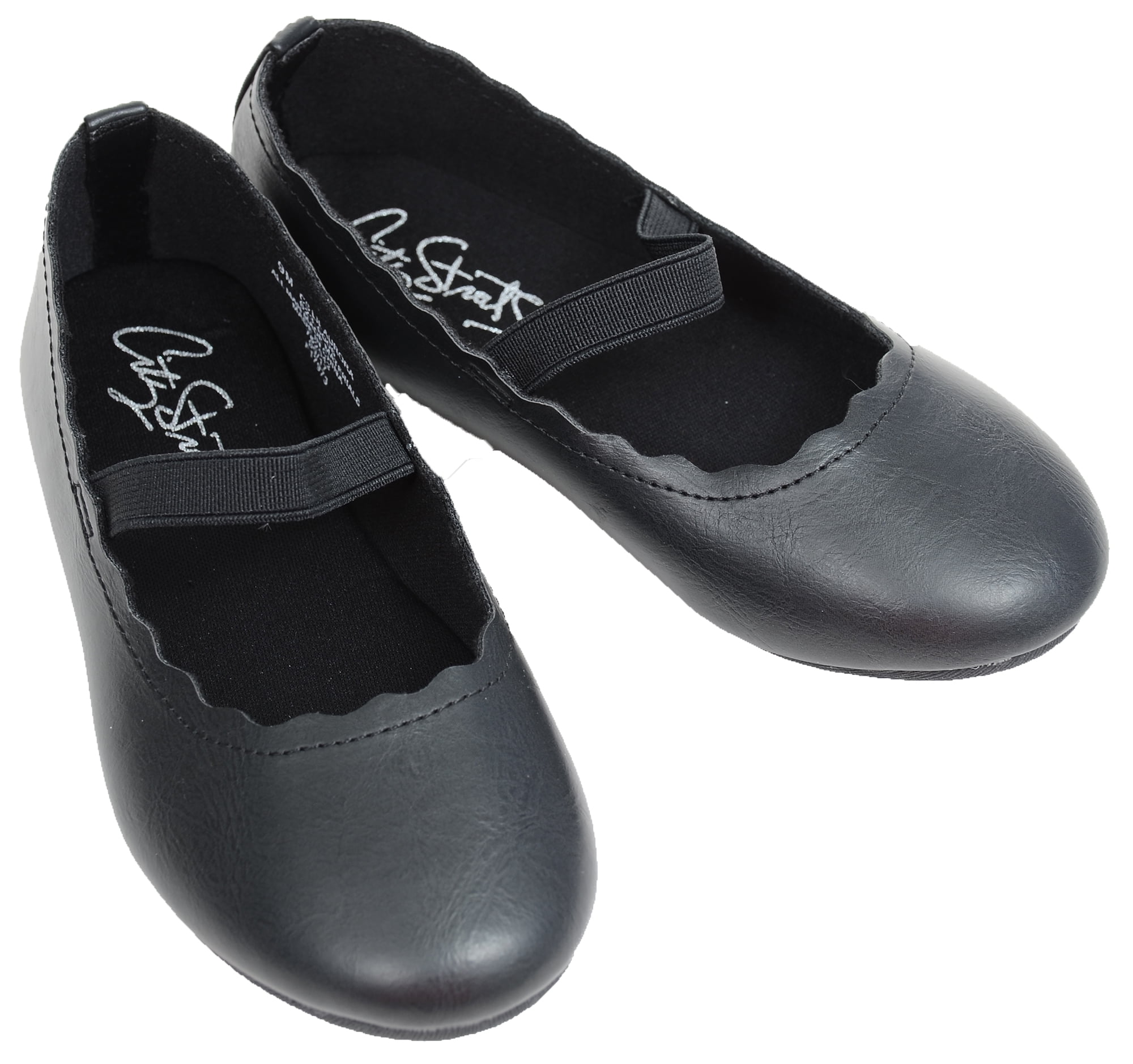 School Girl Black Ballet Scalloped Flats w/Elastic Band Kids