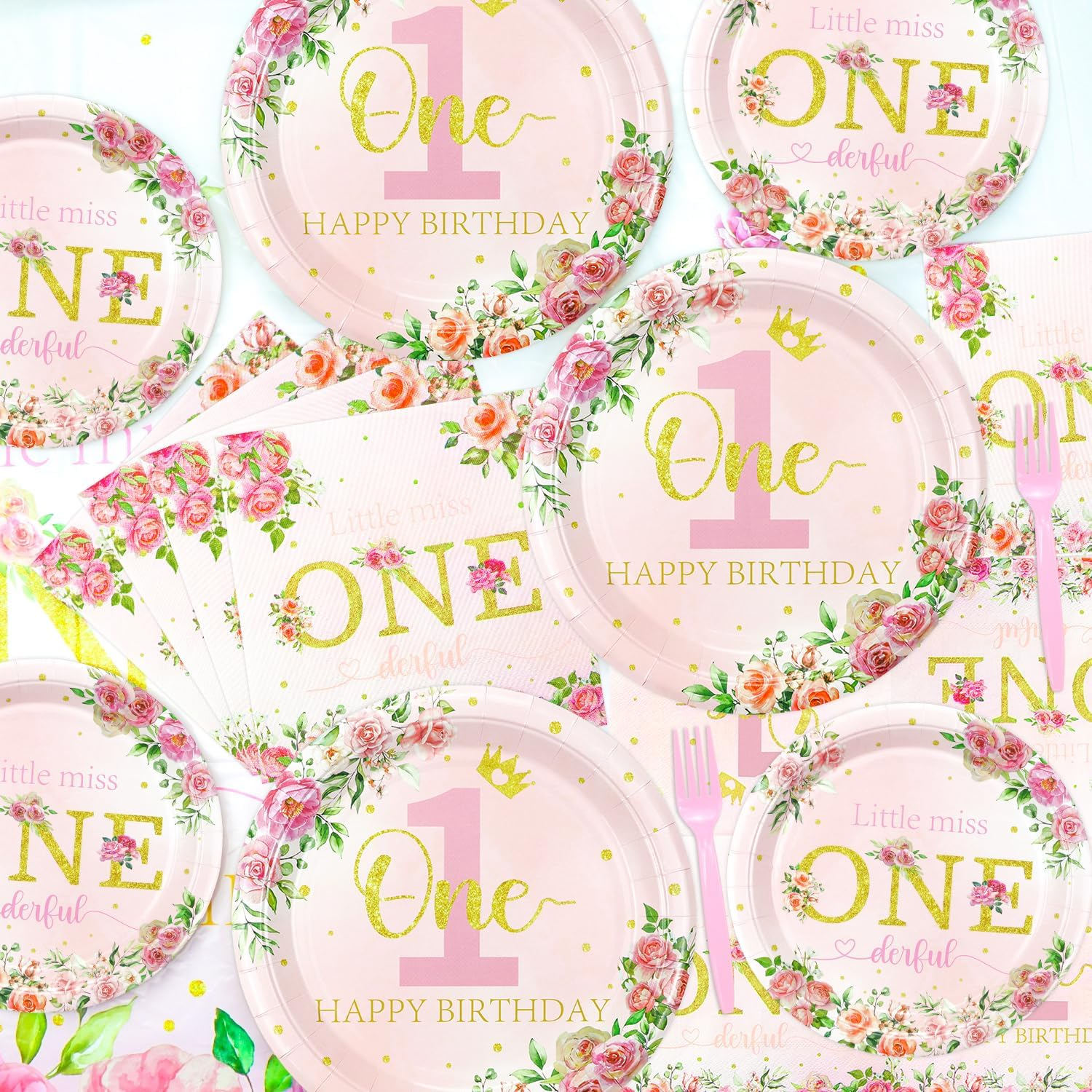 Miss Onederful 1st Birthday Party Supplies for 40 Guests - Disposable Tableware Set Includes Plates, Napkins, Forks, Tablecloths - Girls Baby First Birthday Party Decorations