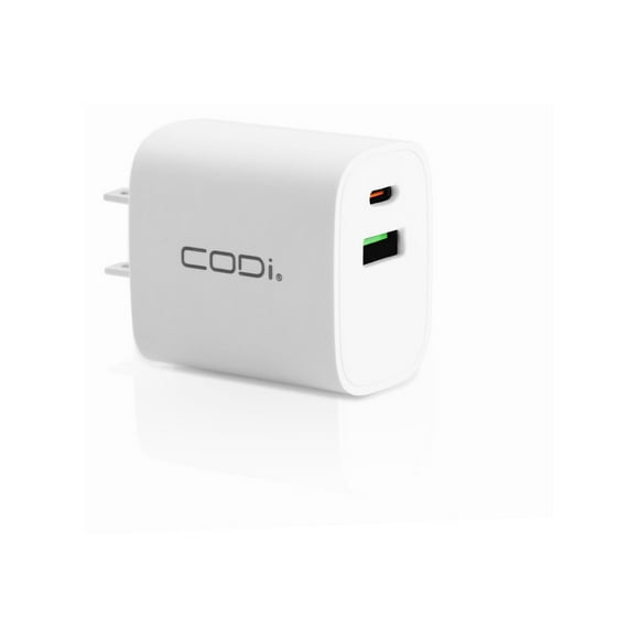 CODi - Adaptateur Secteur - 20 Watts - PD, QC 3.0 - 2 Connecteurs de Sortie (USB, 24 Broches USB-C) - Blanc