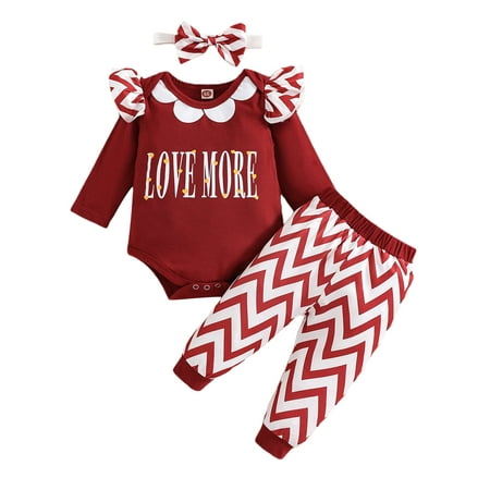 

ZIYIXIN Newborn Baby Girl Ruffle Long Sleeve Romper Bodysuit Tops Striped Long Pants with Headband Clothes Red 6-12 Months