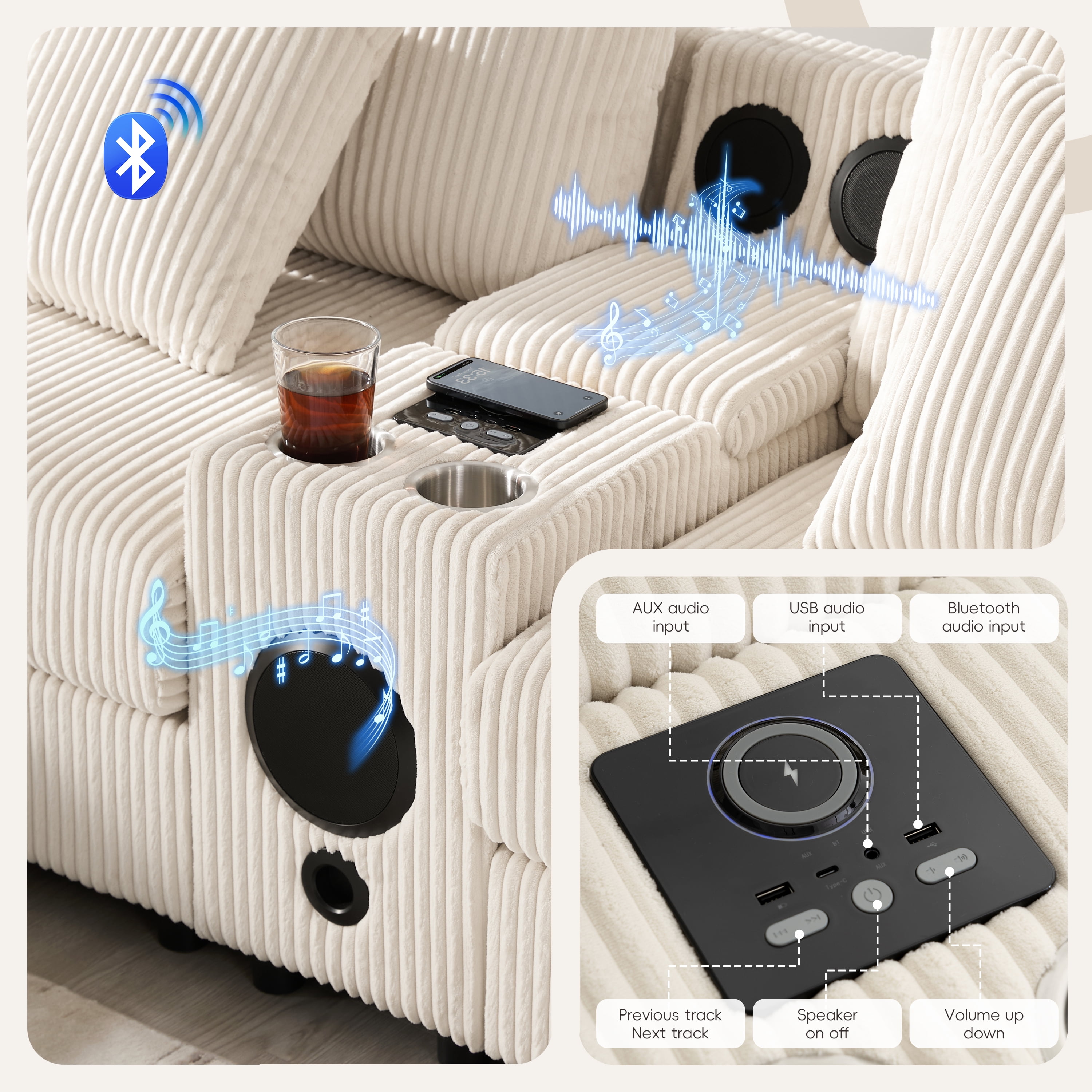 Sectional Sofa, Modular Sofa, U-Shape Couch, Corduroy Sofa with Console, Integrated Audio and Movable Ottoman, Cream