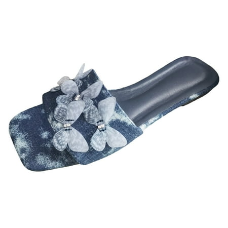 

Jungdeepe Ladies Summer Casual Pearl Butterfly Cowboy Square Toe Flat Bottom Big Size Sandal Slippers