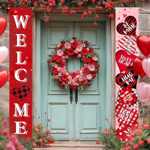 2 Pcs Valentine''s Day Door Banner Decoration | Valentine Hanging Front Porch Welcome Sign Red Buffalo Plaid Love Heart Banner | Home Wall School Office Indoor Outdoor Party Supplies Decor