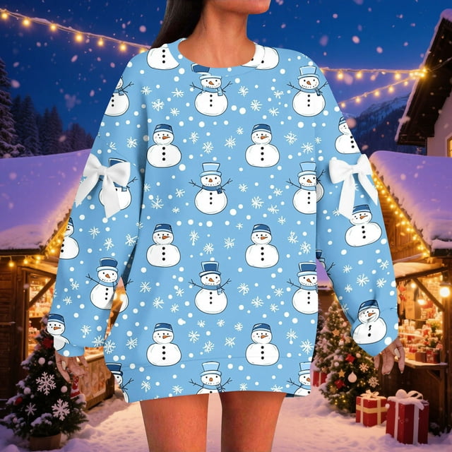 Taylonsss Womens Christmas Print Sweatshirt Bow Detail Loose Fit Drop Shoulder Comfortable Casual Holiday Top
