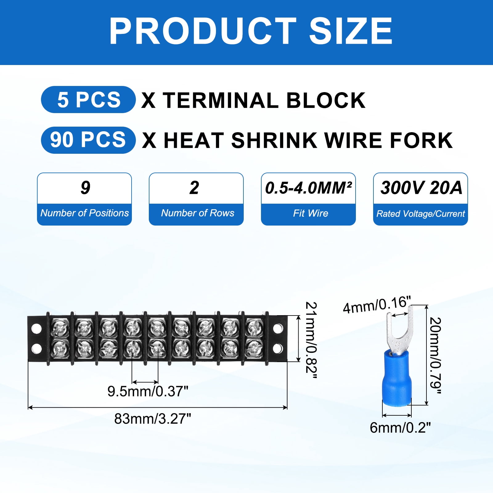 Uxcell 5Pcs Terminal Block 300V 20A Dual Rows 9P Terminals Barrier PA66 with 90Pcs 16A Heat Shrink Wire Fork Connectors