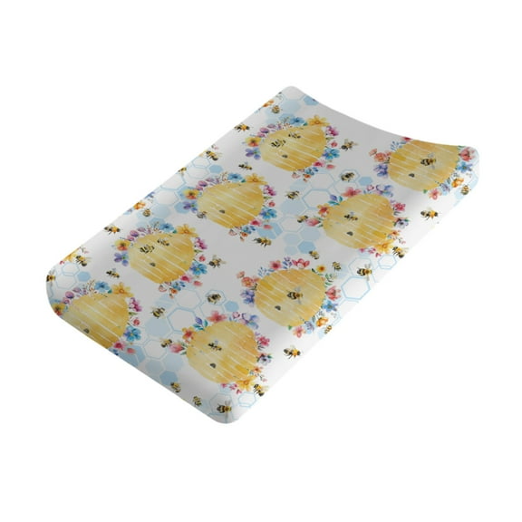 Watercolor Bee Honey Changing Pad Cover Bumblebee Honeycomb Floral Baby Diaper Changing Table Sheets for Boy Girl Nursery Changing Table Mat Cover 16''x32''
