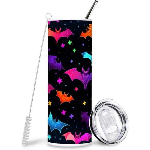 Halloween Colorful Bats 20 oz Stainless Steel Tumblers Double Wall Iced Coffee Cups with Lids and Straws Thermal Cups for Hot and Cold Drinks