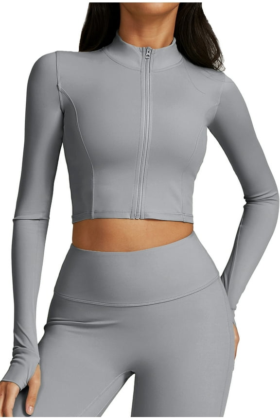 Womens Lightweight Jacket Full Zip Active Track Jacket Long Sleeve Athletic Crop Top Workout Slim Fit Yoga Running Sportwear with Thumb Holes M Gray