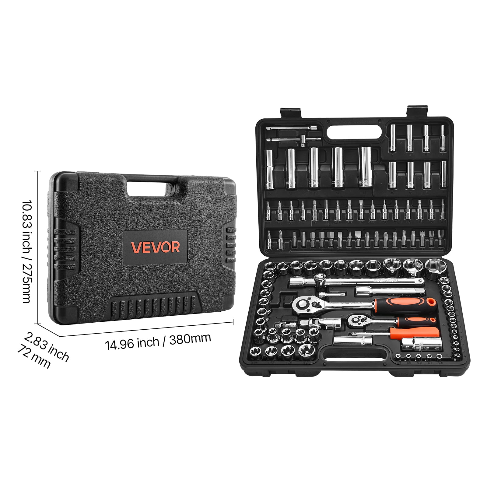 VEVOR Socket Set, 108 Pieces, 1/4 & 1/2 inch Drive Socket and Ratchet Set, Metric Size from 4 to 32 mm, Mechanic Tool Kit with Bits, Accessories, Storage Case, CR-V Alloy Steel, for Automotive Repair