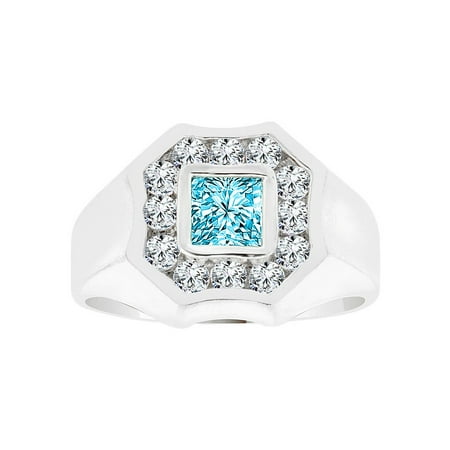 Sterling Silver White Rhodium, Fancy Ring Men Guy Gent Created Mar Birthstone Light Blue CZ Crystals