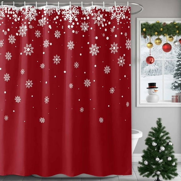 Christmas Snowflakes Shower Curtains for Bathroom, Fantasy Winter Snowflake Christmas Winter Snow Red Waterproof Fabric Shower Curtain for Bathroom Bathtub Decoration, Machine Washable, 36"x72"