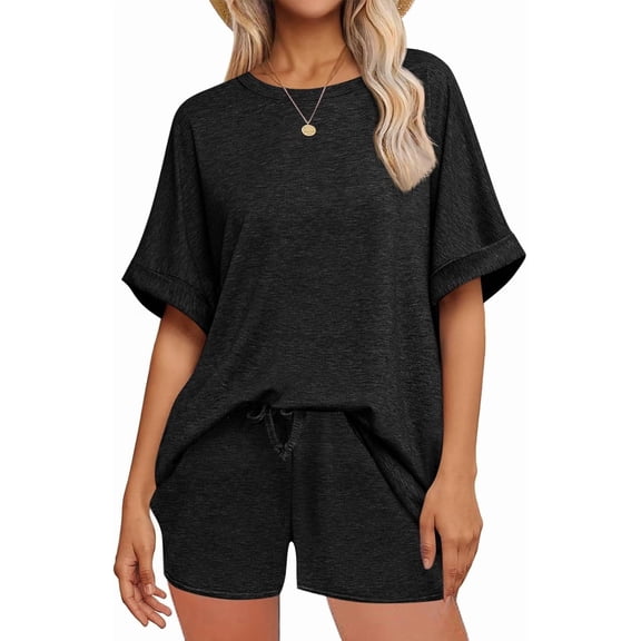 Women 2 Pieces Summer Batwing Short Sleeve T-Shirt Drawstring Shorts Casual Sports Set