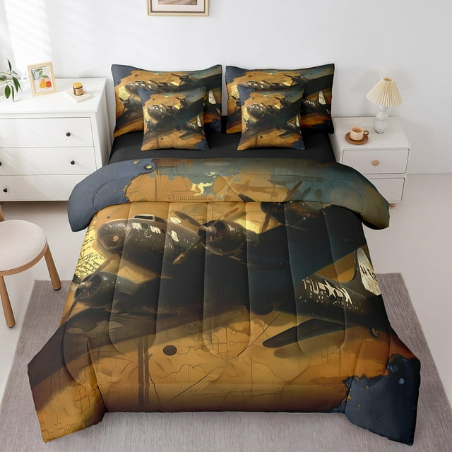 YST Industrial Airplane Bedding Set, 7-Piece, Aircraft Aviation Theme, Queen